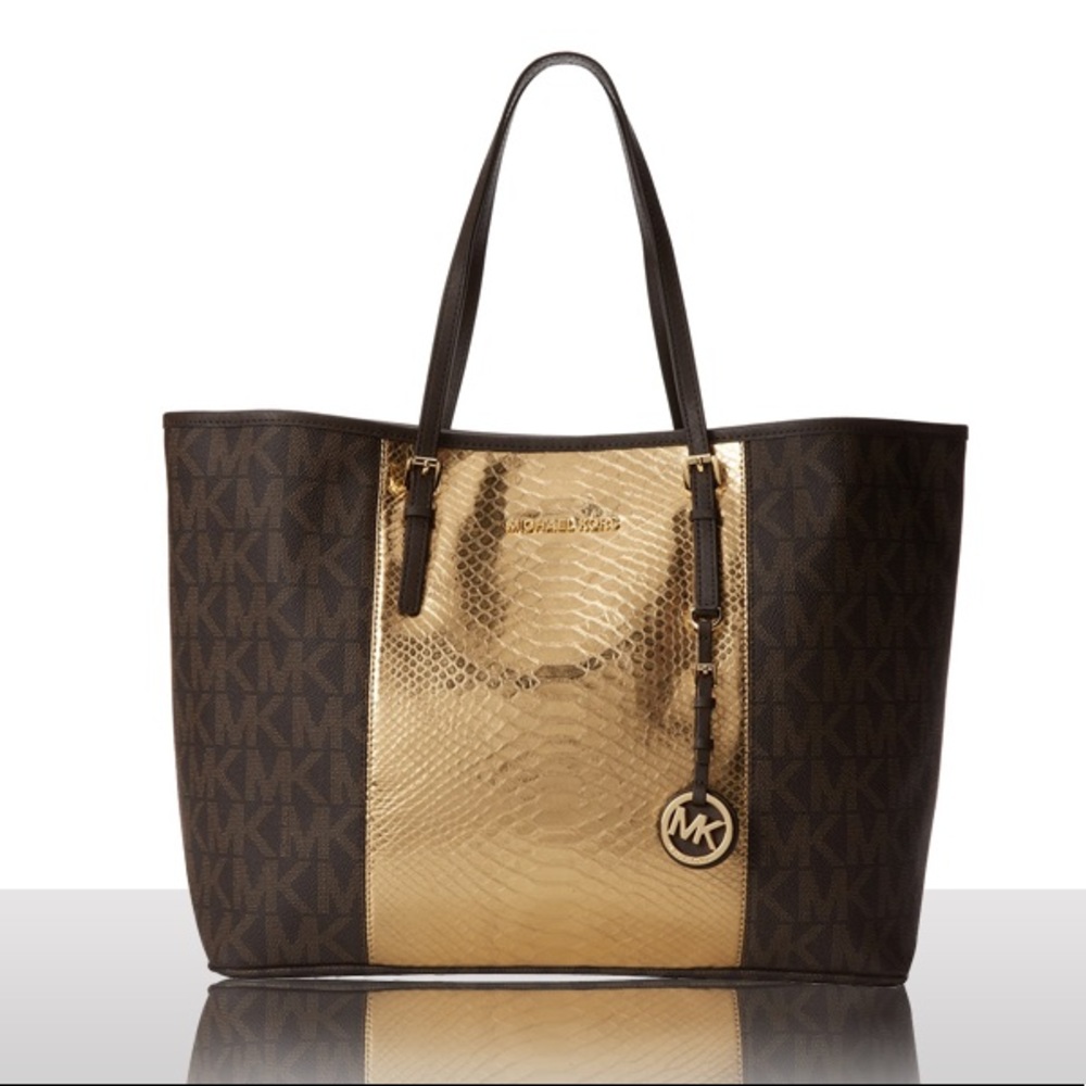 Authentic Michael Kors Jet Set Gold Snakeskin Travel Tote